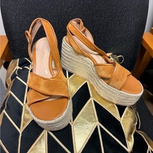 Authentic Gianvito Rossi Tan Suede Crisscross Wedge Espadrille Sandals